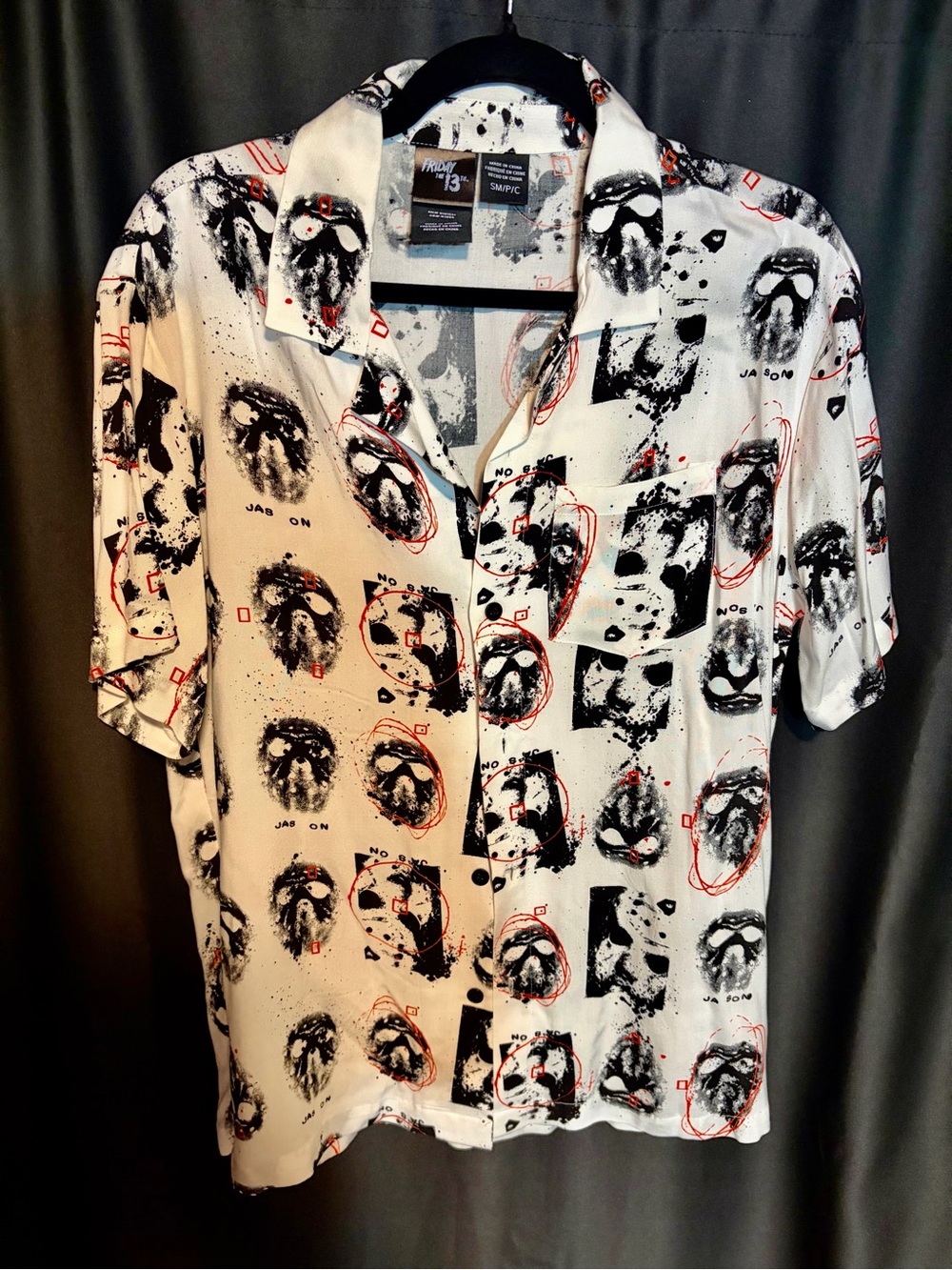 White Graphic Short-Sleeve Button-Up Shirt - Casual Men’s Tee (Friday the 13th)